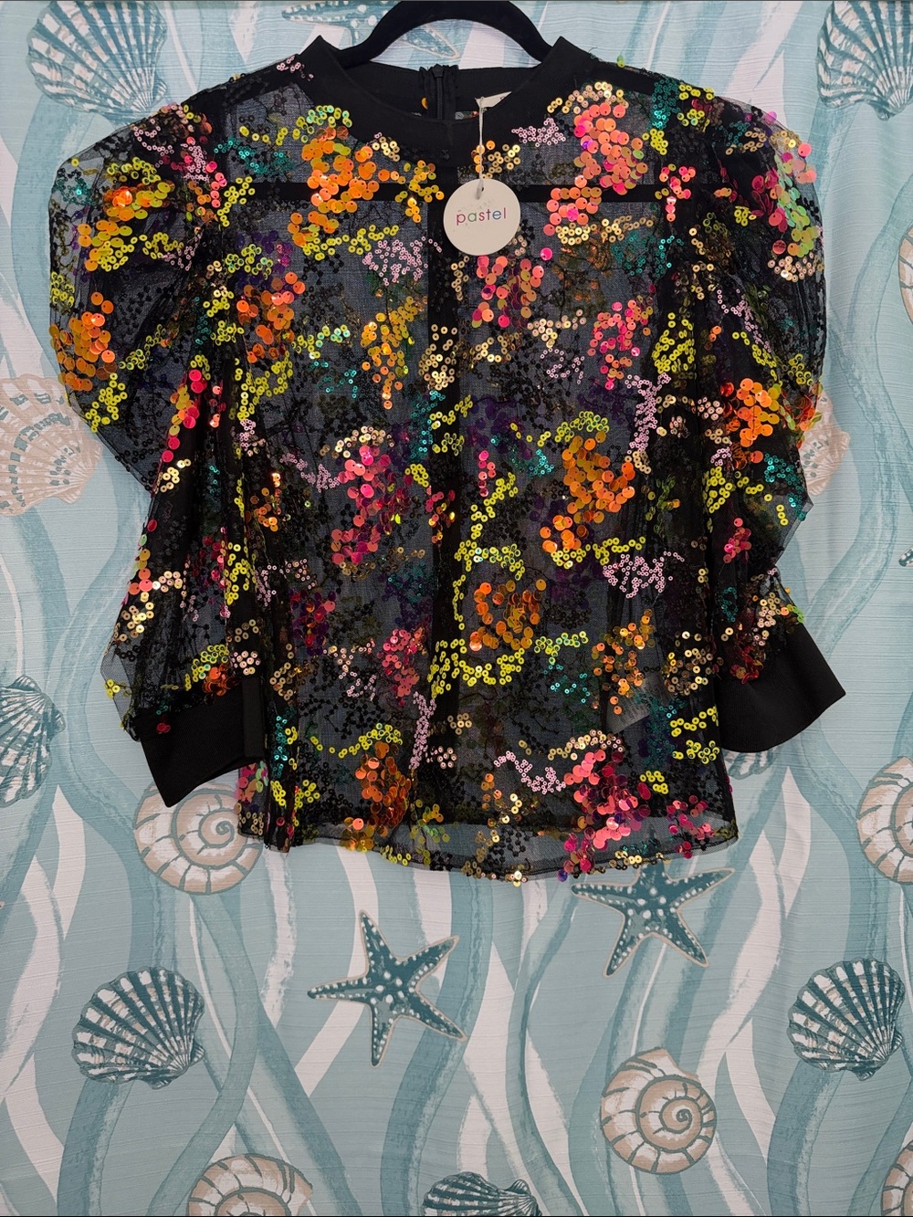 Pastels Black Sequin Puff-Sleeve Blouse with Multicolor Sparkle